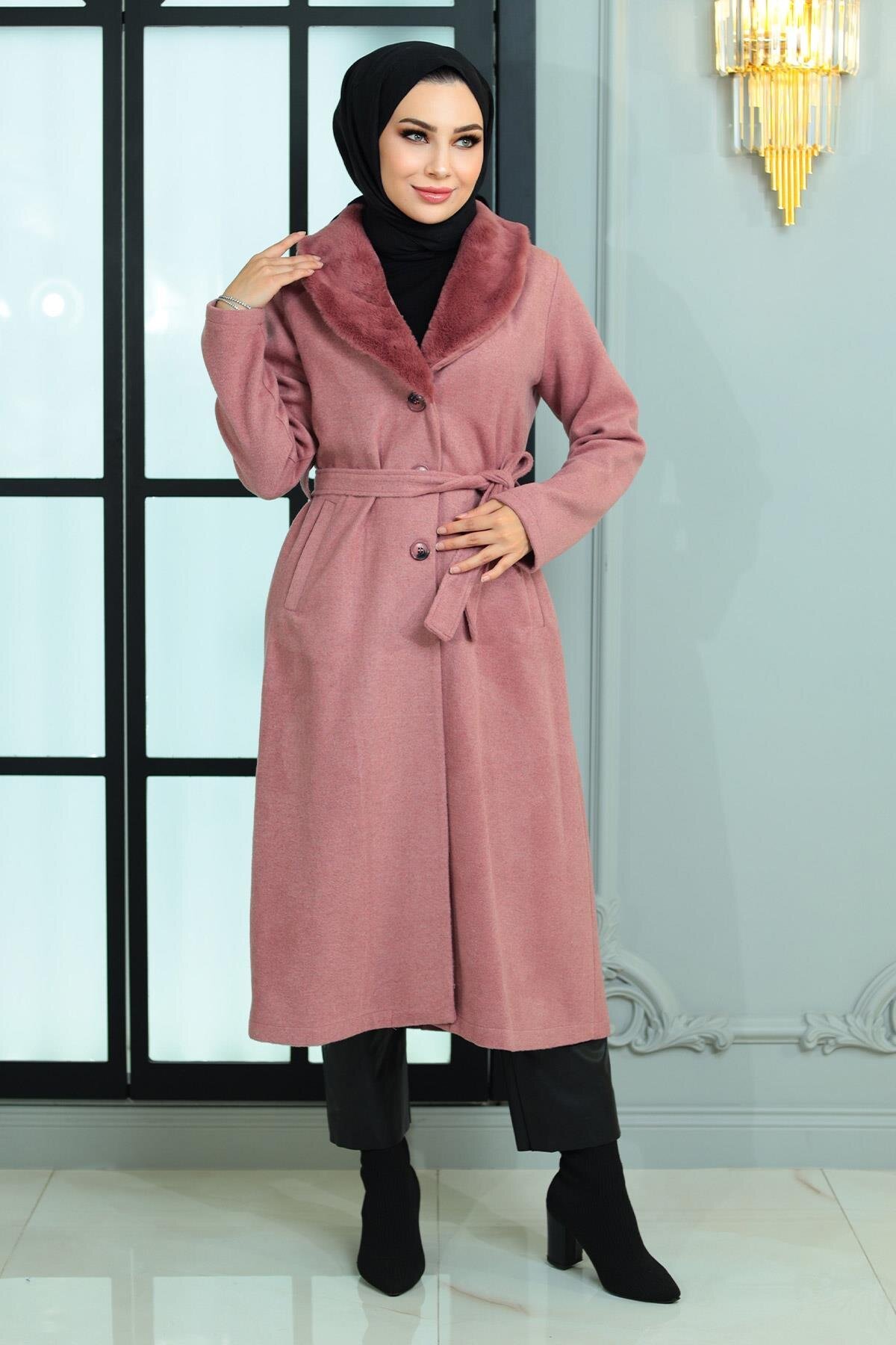 Gül Kurusu Kaşe Geniş Kürk Yakalı Kaban - Modamihram