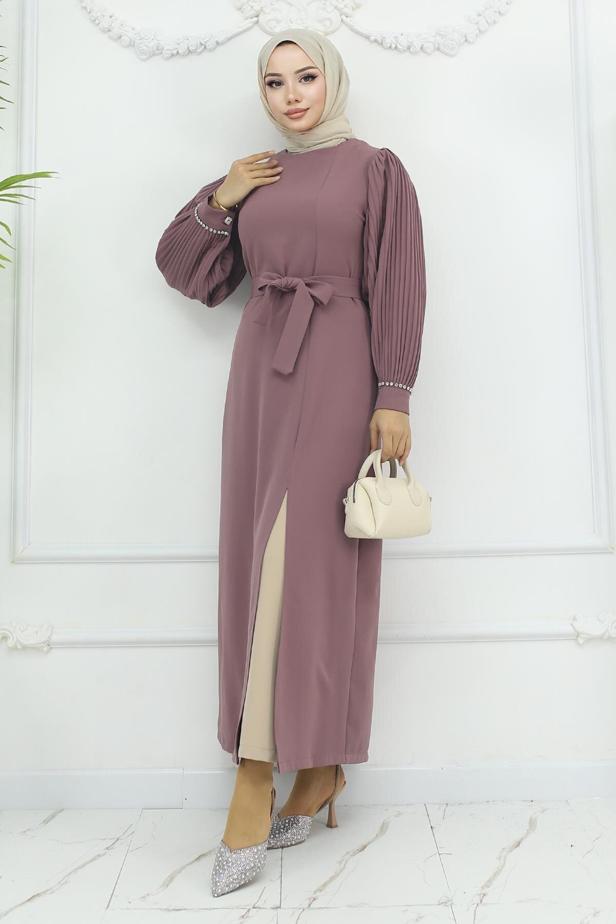 Modest Pleated Slit Two-Piece Set - Dusty Rose - Modamihram