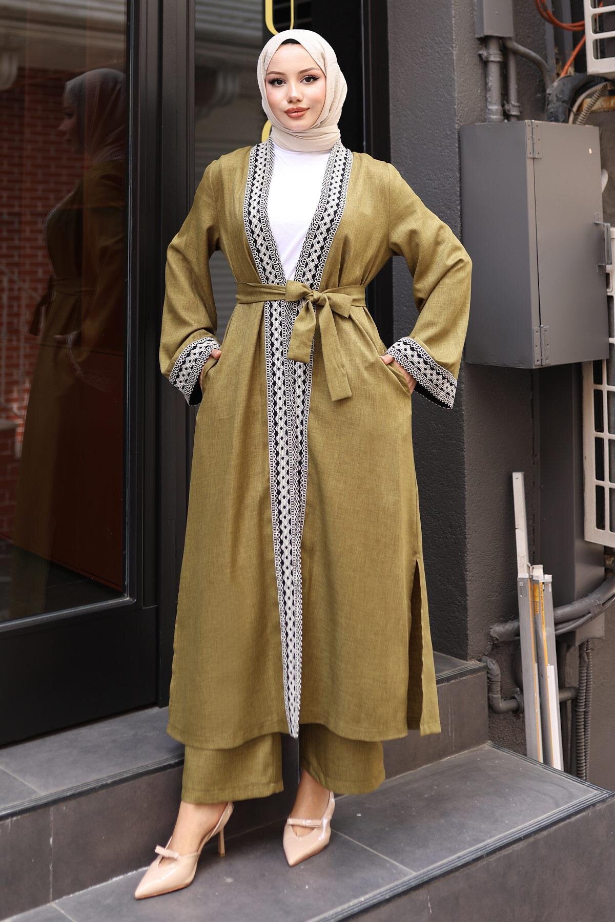 Haki Etnik Desenli Kimono Tesettür Takım - Modamihram