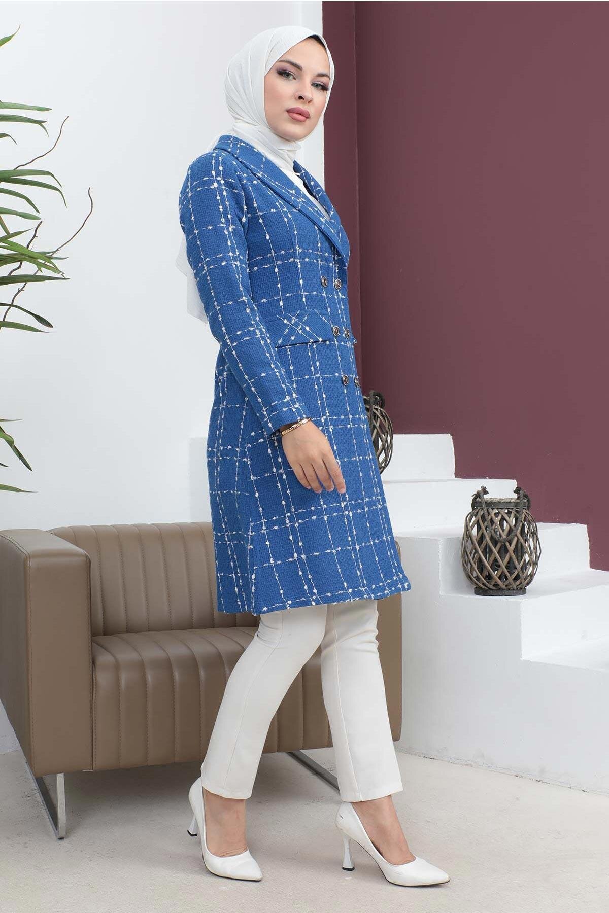 Melton Wide Collar Buttoned Winter Coat - Indigo - Modamihram