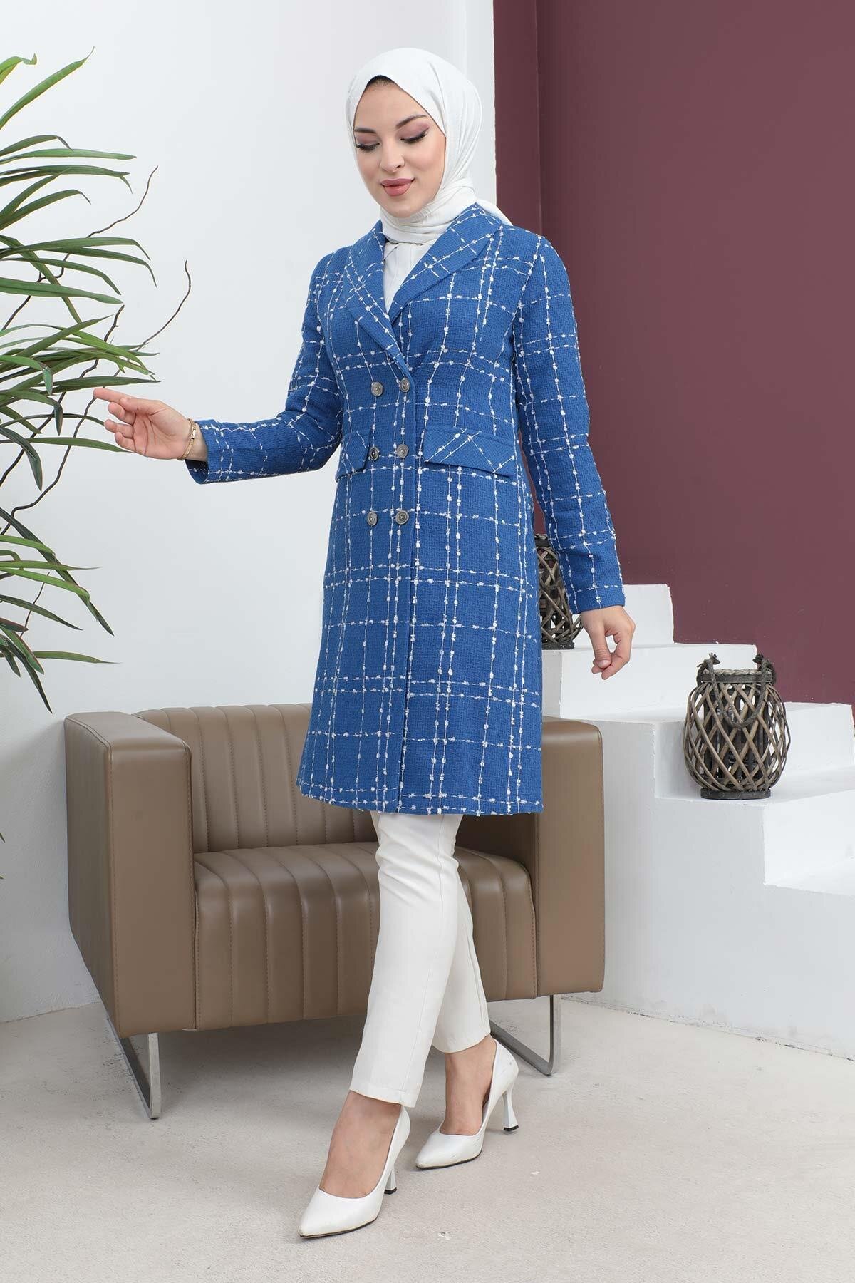 Melton Wide Collar Buttoned Winter Coat - Indigo - Modamihram