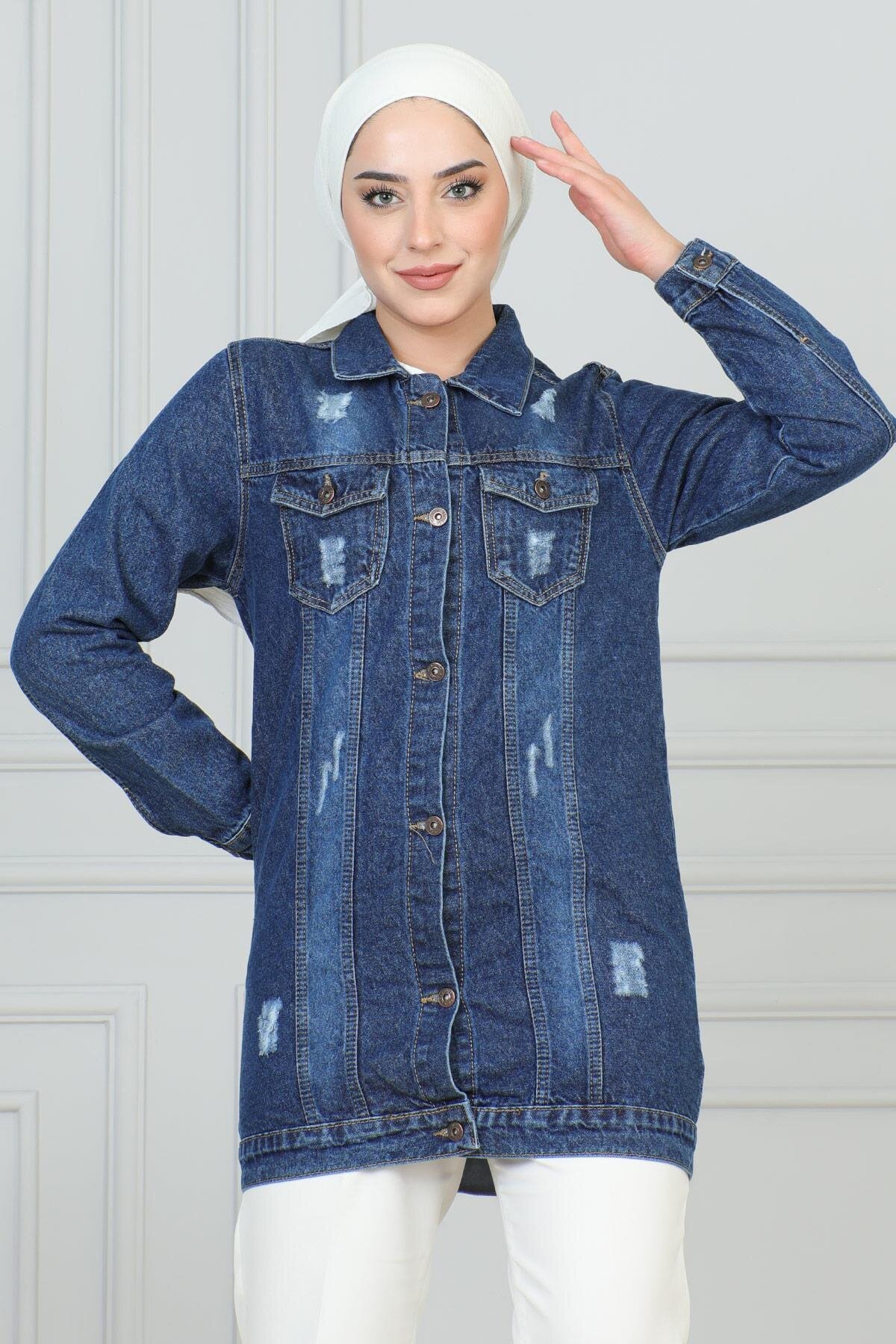 Denim Laser Pocket Detail Modest Jacket - Dark Blue - Modamihram