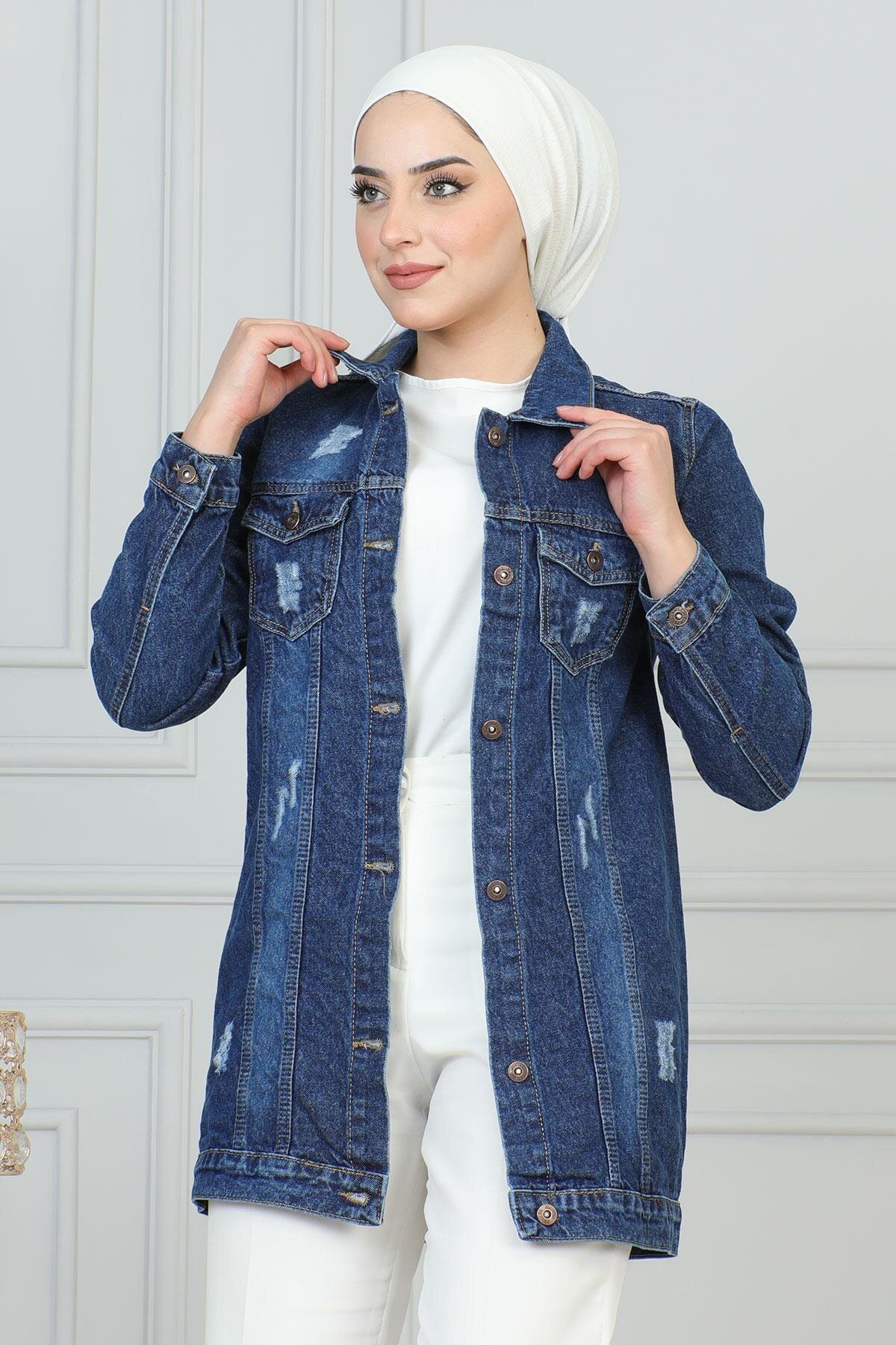 Denim Laser Pocket Detail Modest Jacket - Dark Blue - Modamihram