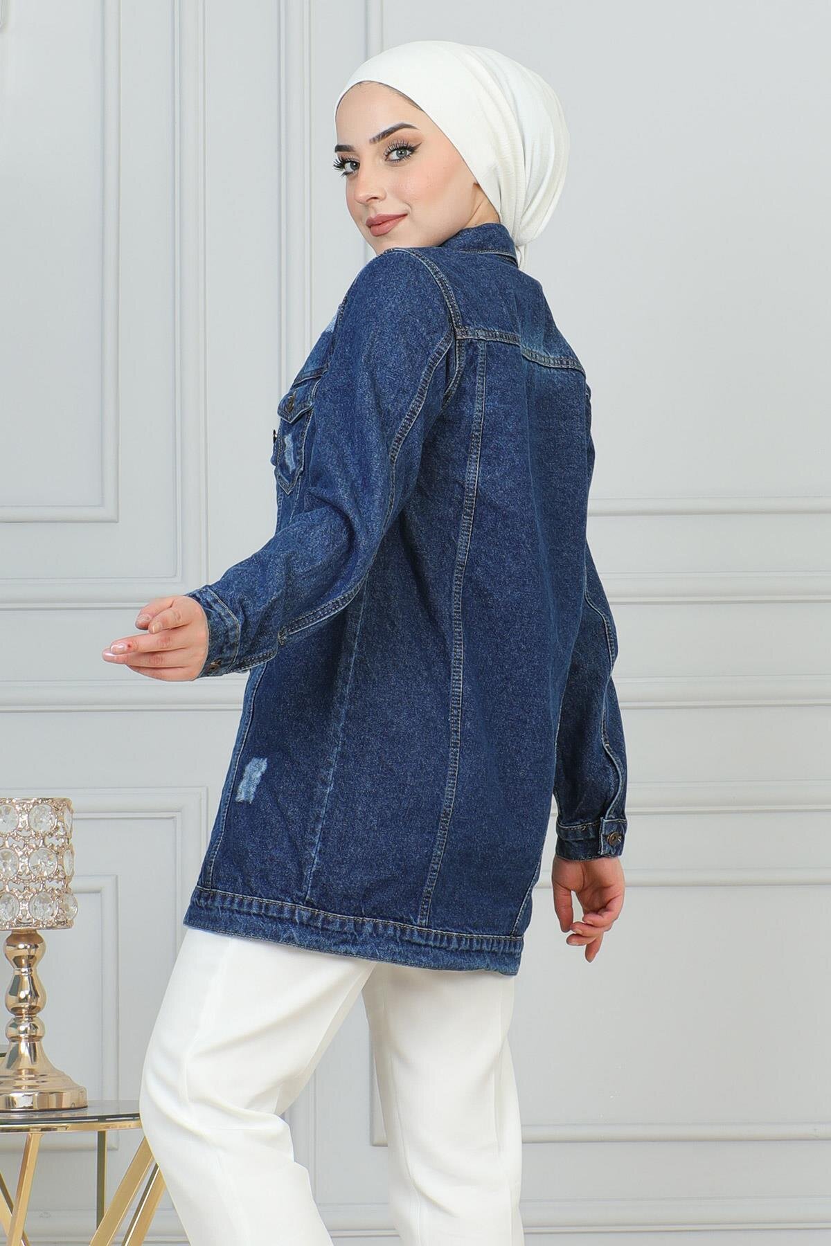 Denim Laser Pocket Detail Modest Jacket - Dark Blue - Modamihram