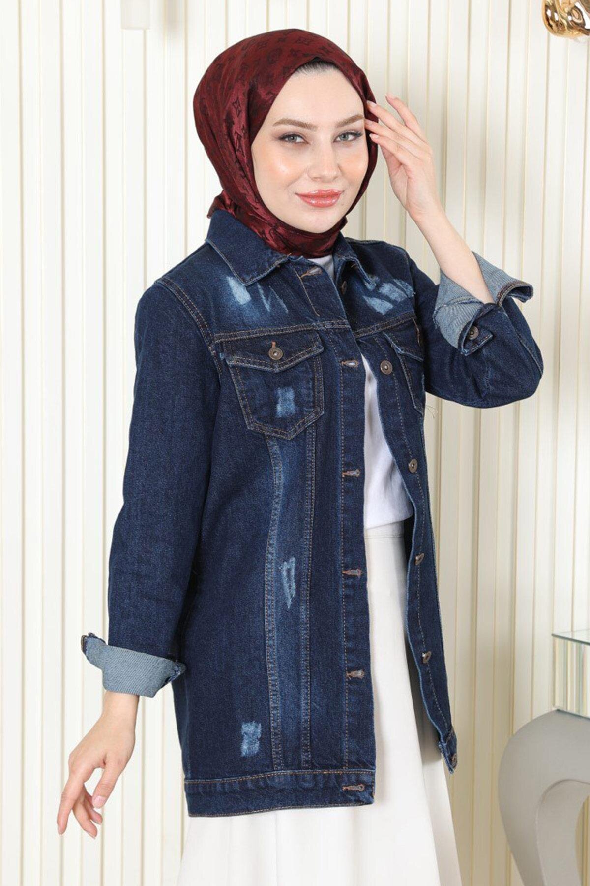 Denim Button-Detail Modest Jacket - Dark Blue - Modamihram