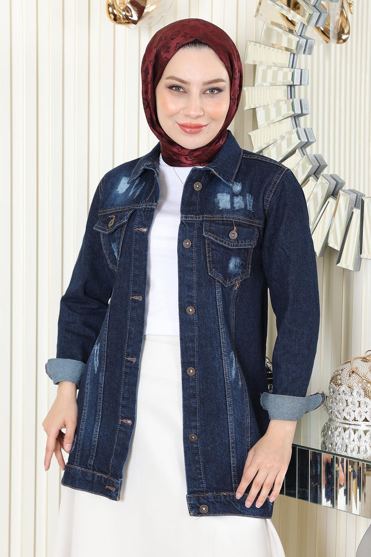 Denim Button-Detail Modest Jacket - Dark Blue - Modamihram