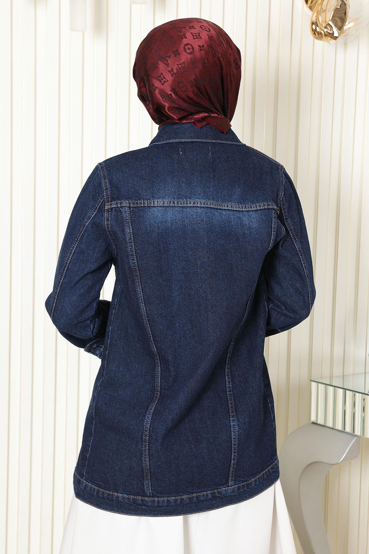Denim Button-Detail Modest Jacket - Dark Blue - Modamihram