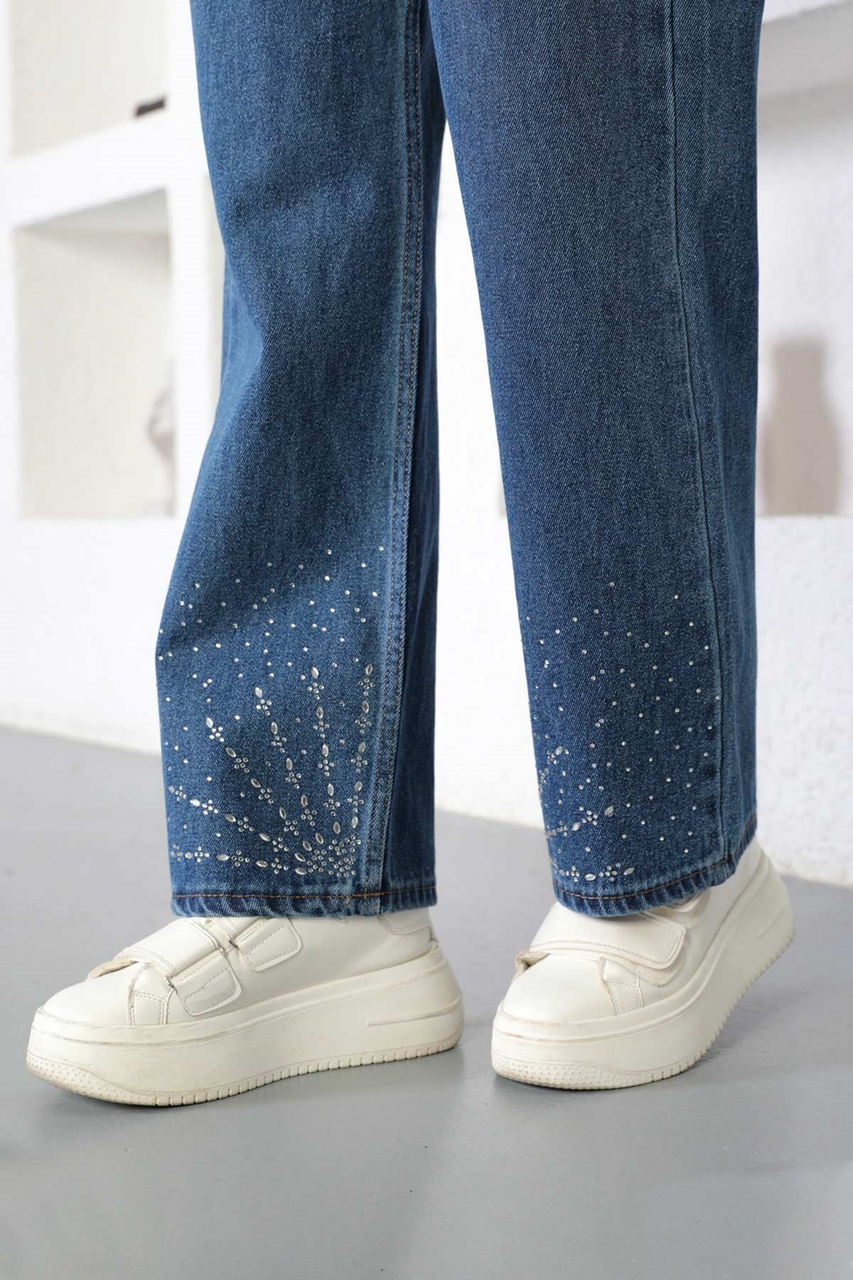 Modest Denim Stone-Detail Pants - Dark Blue - Modamihram