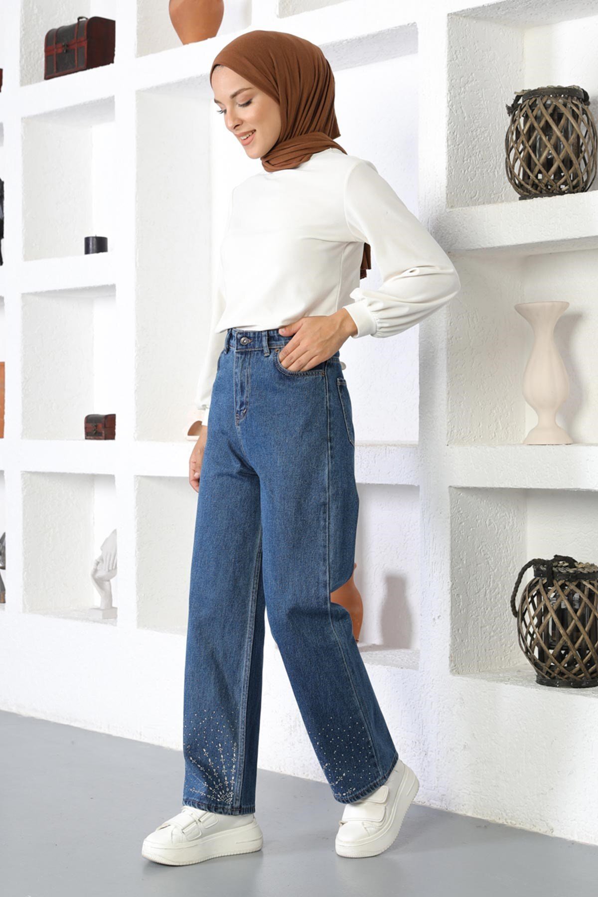Modest Denim Stone-Detail Pants - Dark Blue - Modamihram