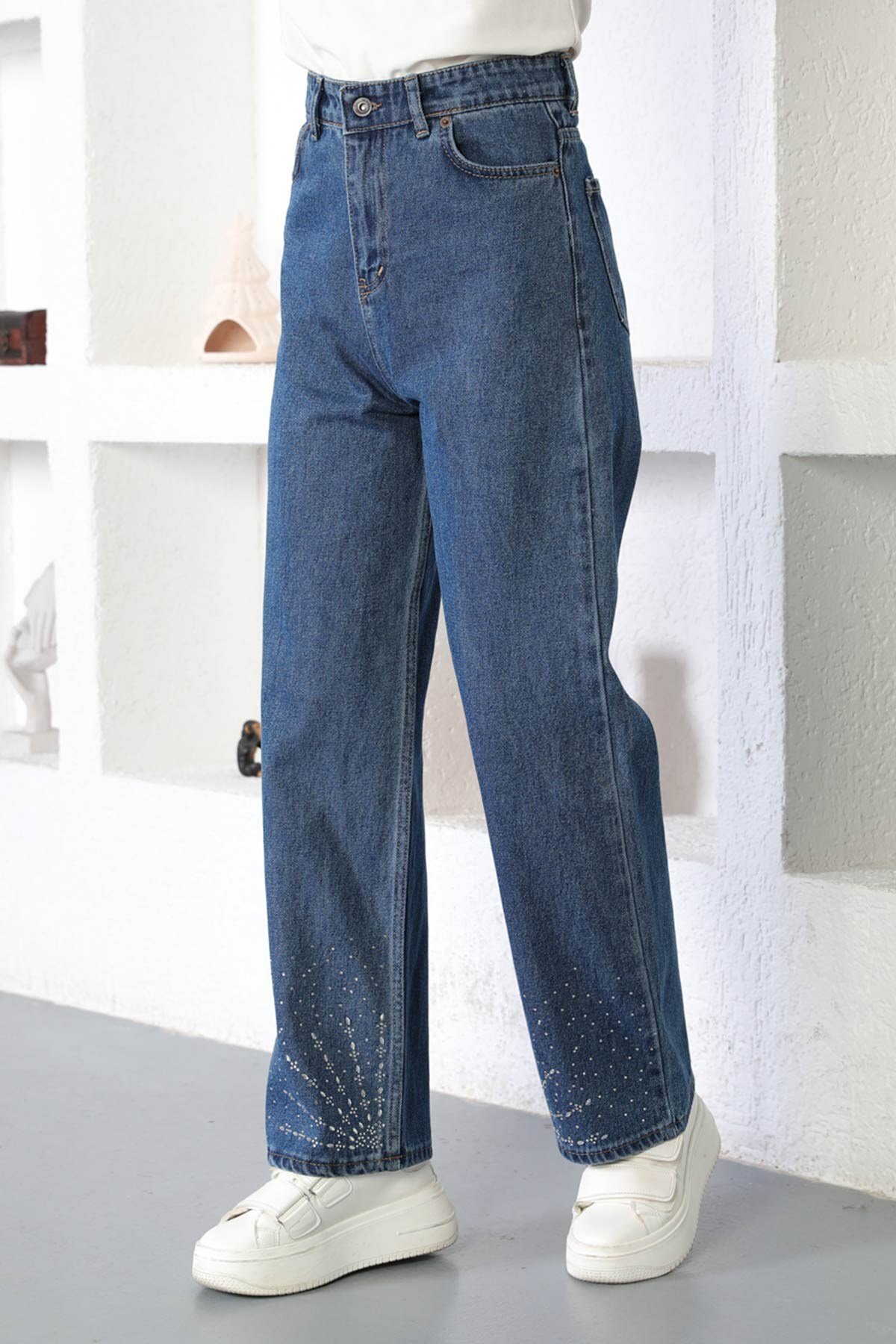 Modest Denim Stone-Detail Pants - Dark Blue - Modamihram