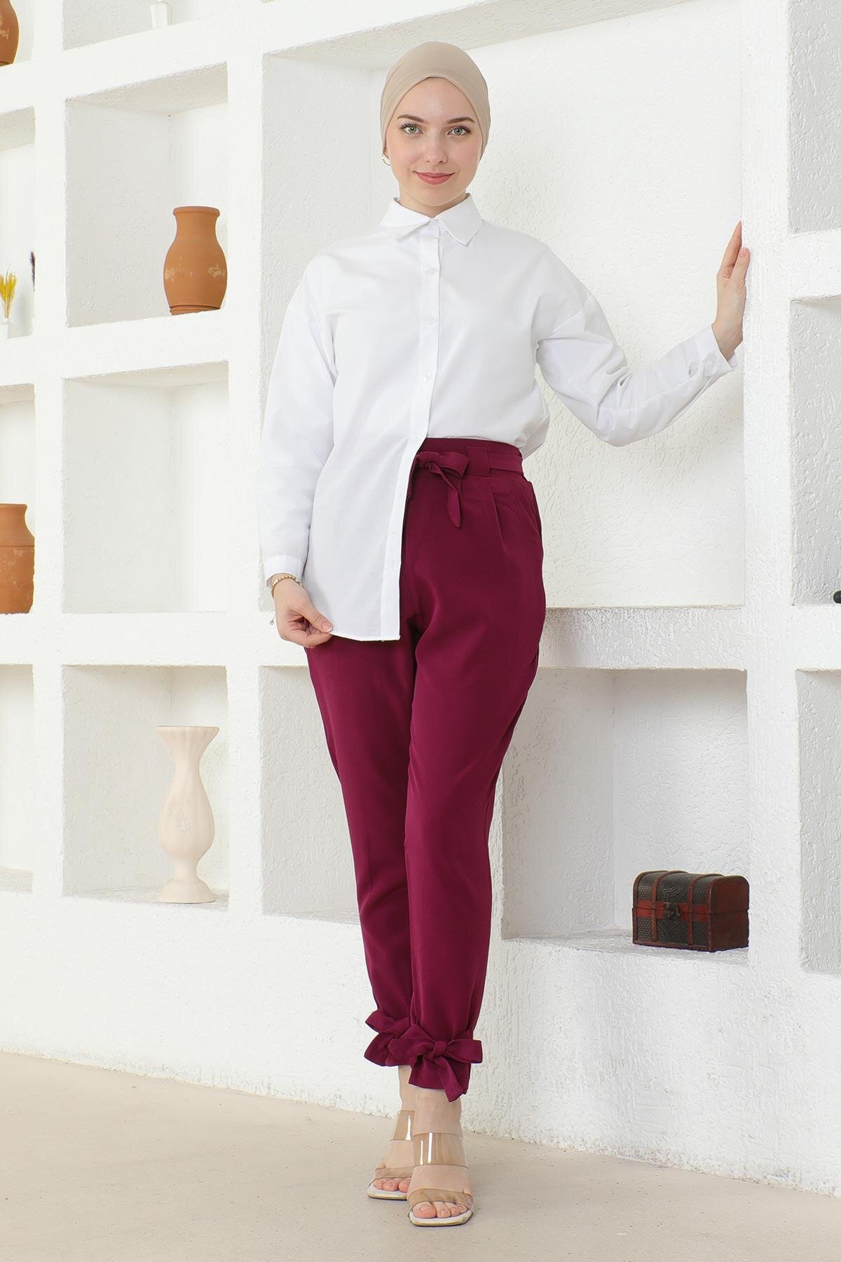 Mürdüm Kuşaklı Tesettür Pantolon - Modamihram