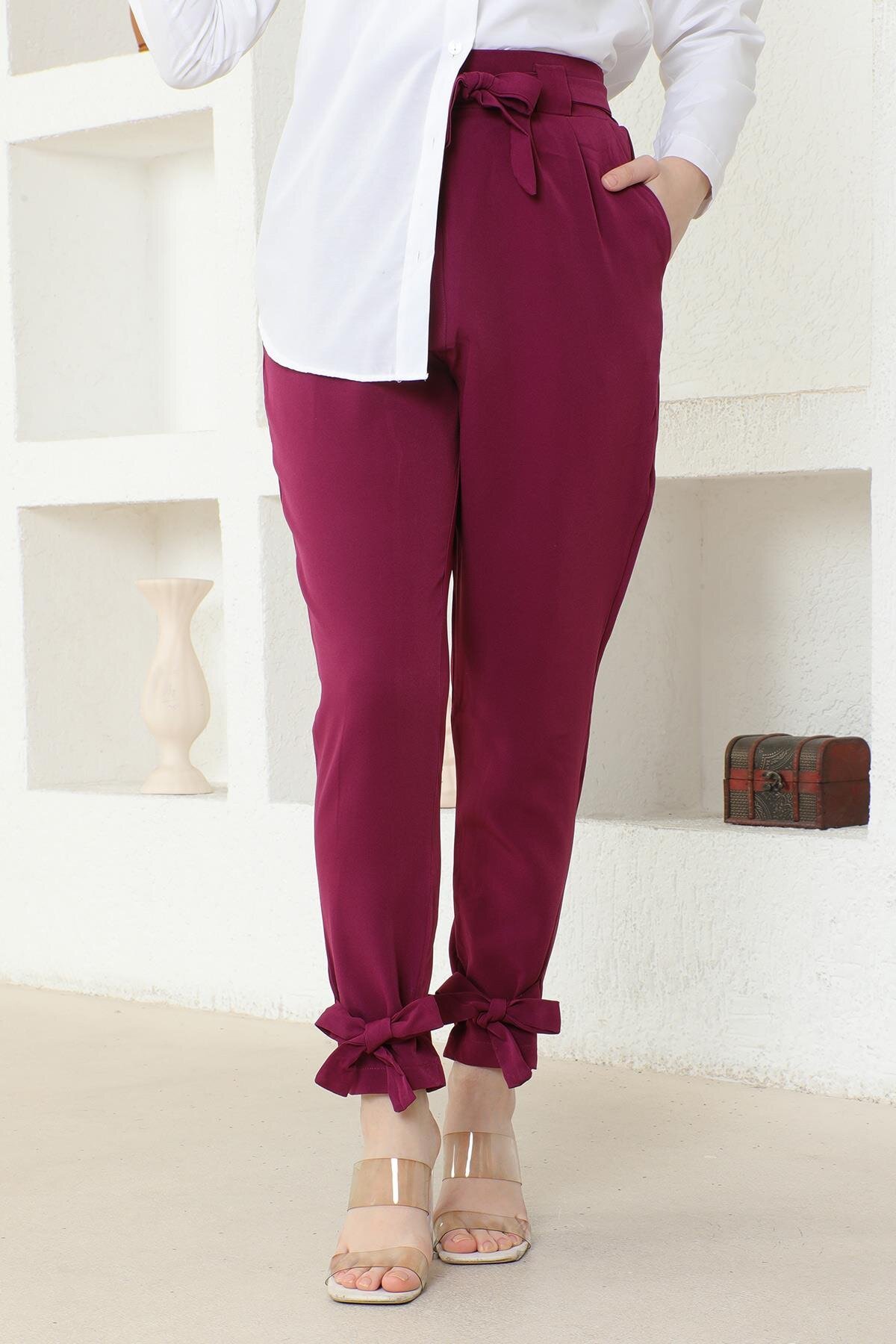 Modest Sash-Detail Pants - Plum - Modamihram
