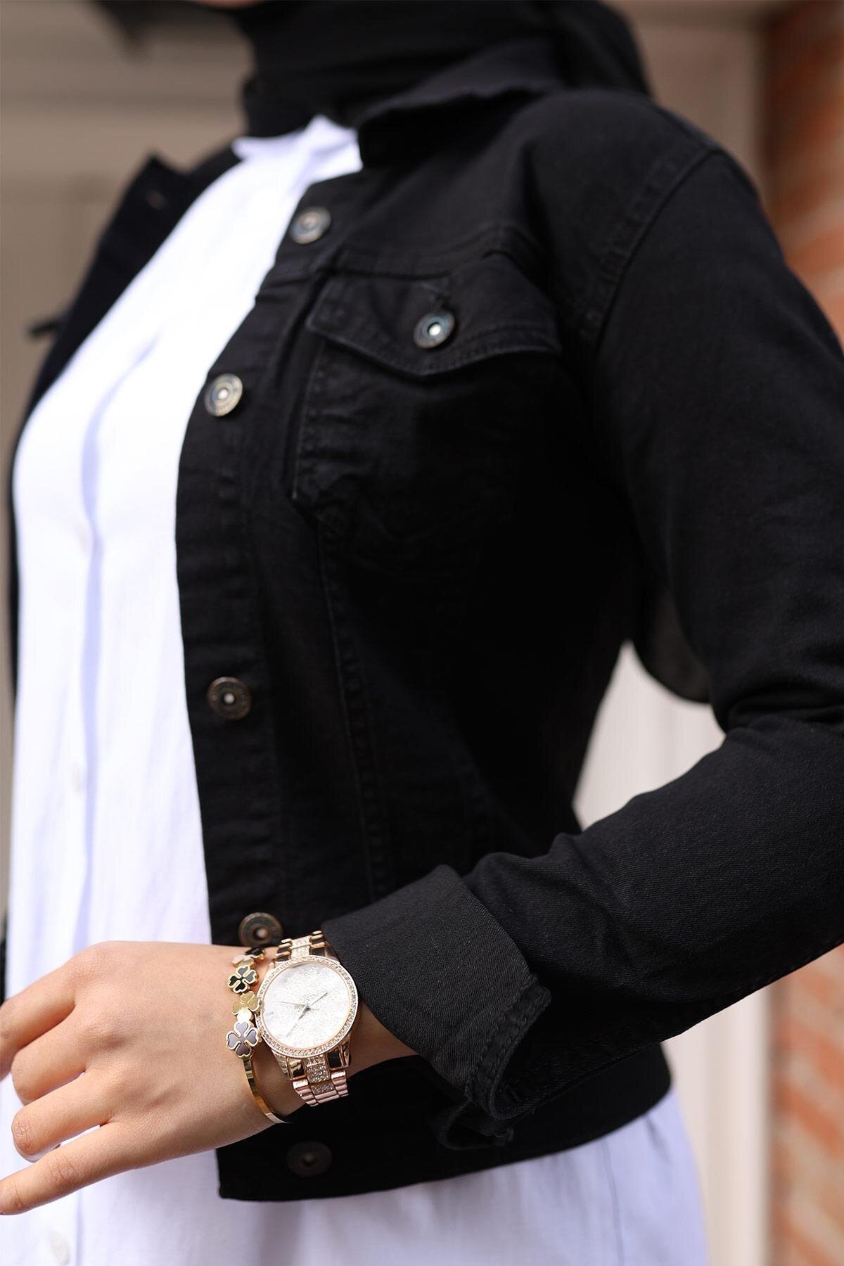 Denim Buttoned Modest Jacket - Black - Modamihram