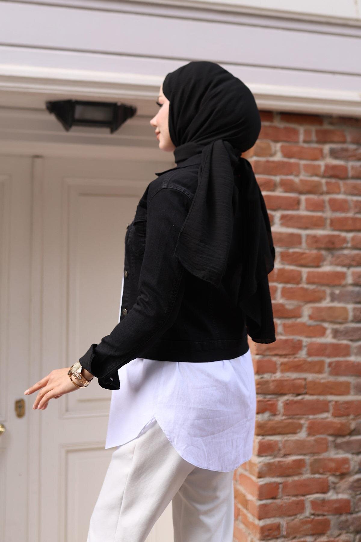 Denim Buttoned Modest Jacket - Black - Modamihram
