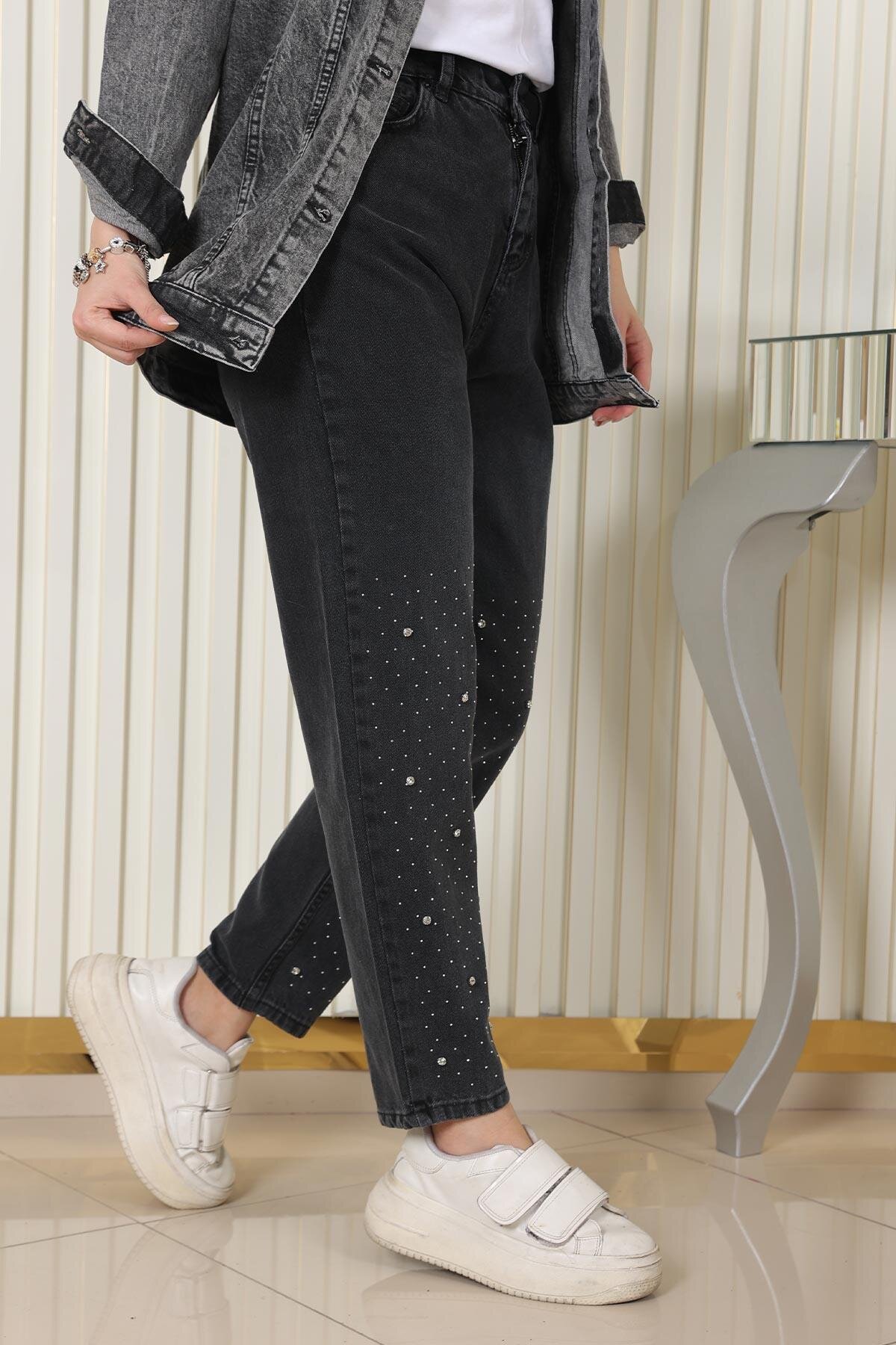 Modest Denim Stone Detailed Pants - Black - Modamihram