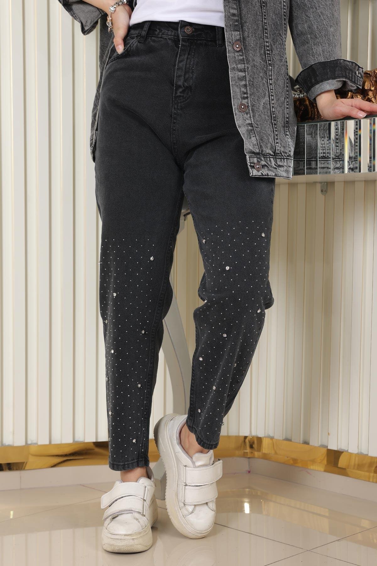 Modest Denim Stone Detailed Pants - Black - Modamihram