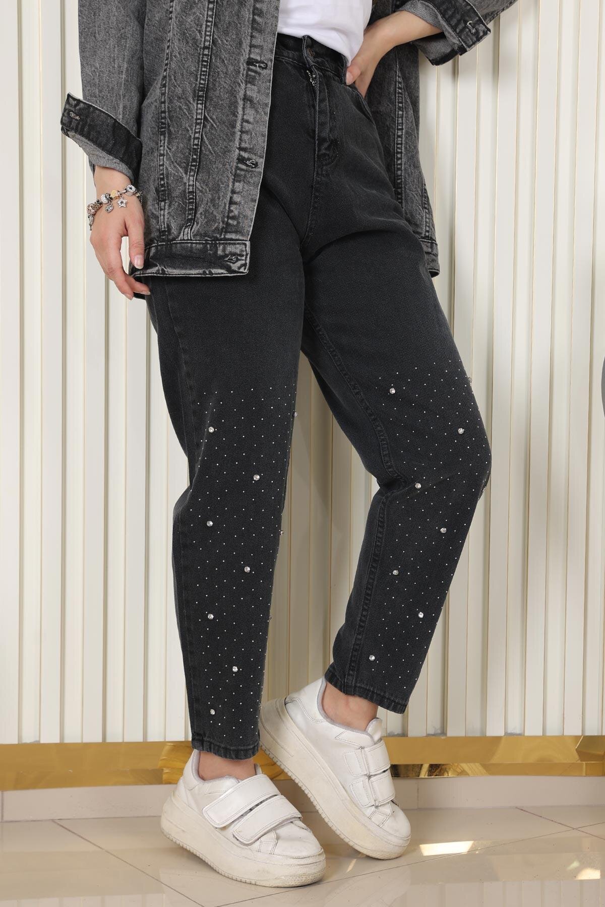 Modest Denim Stone Detailed Pants - Black - Modamihram