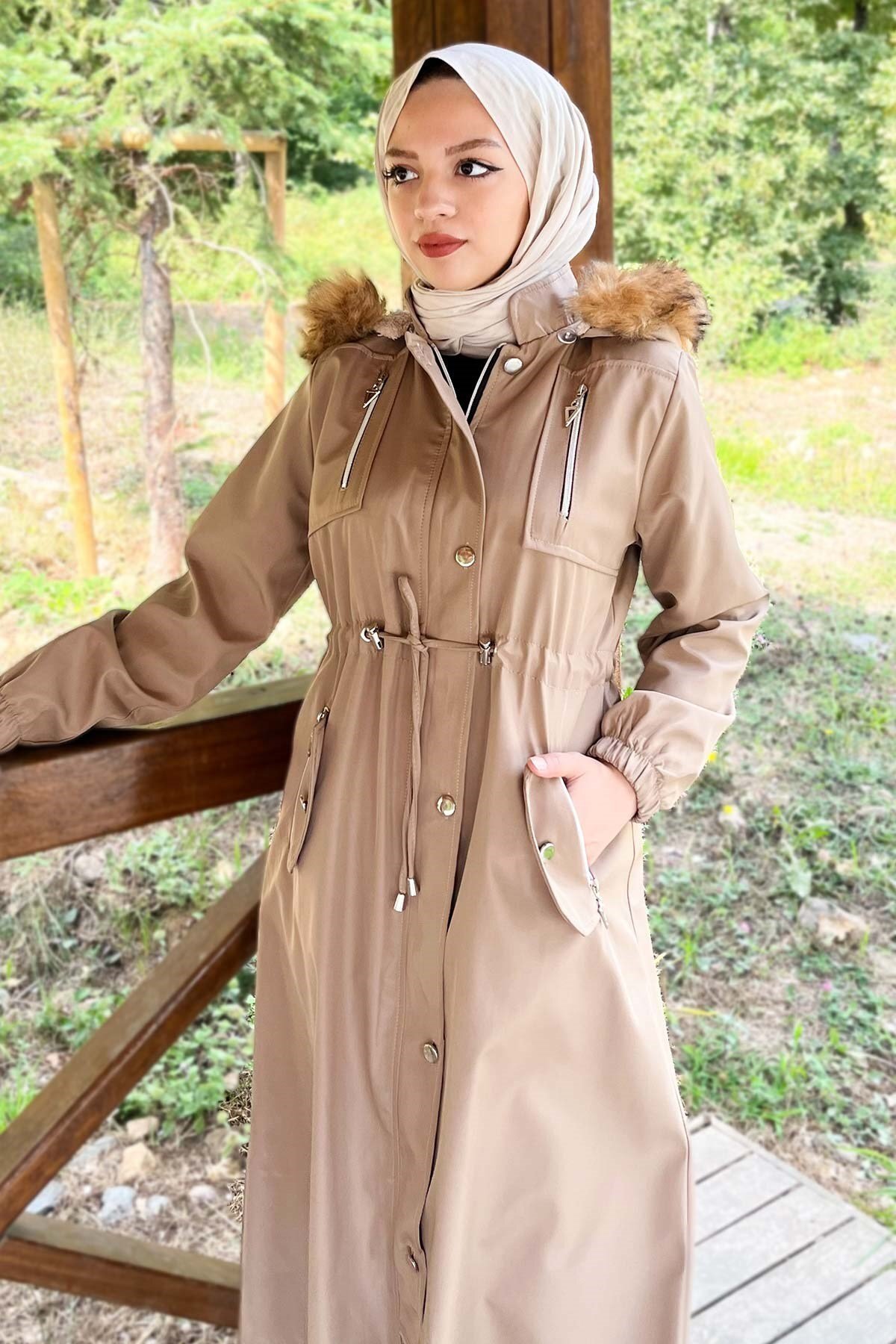 Hooded Zip-Up Coat - Taupe - Modamihram