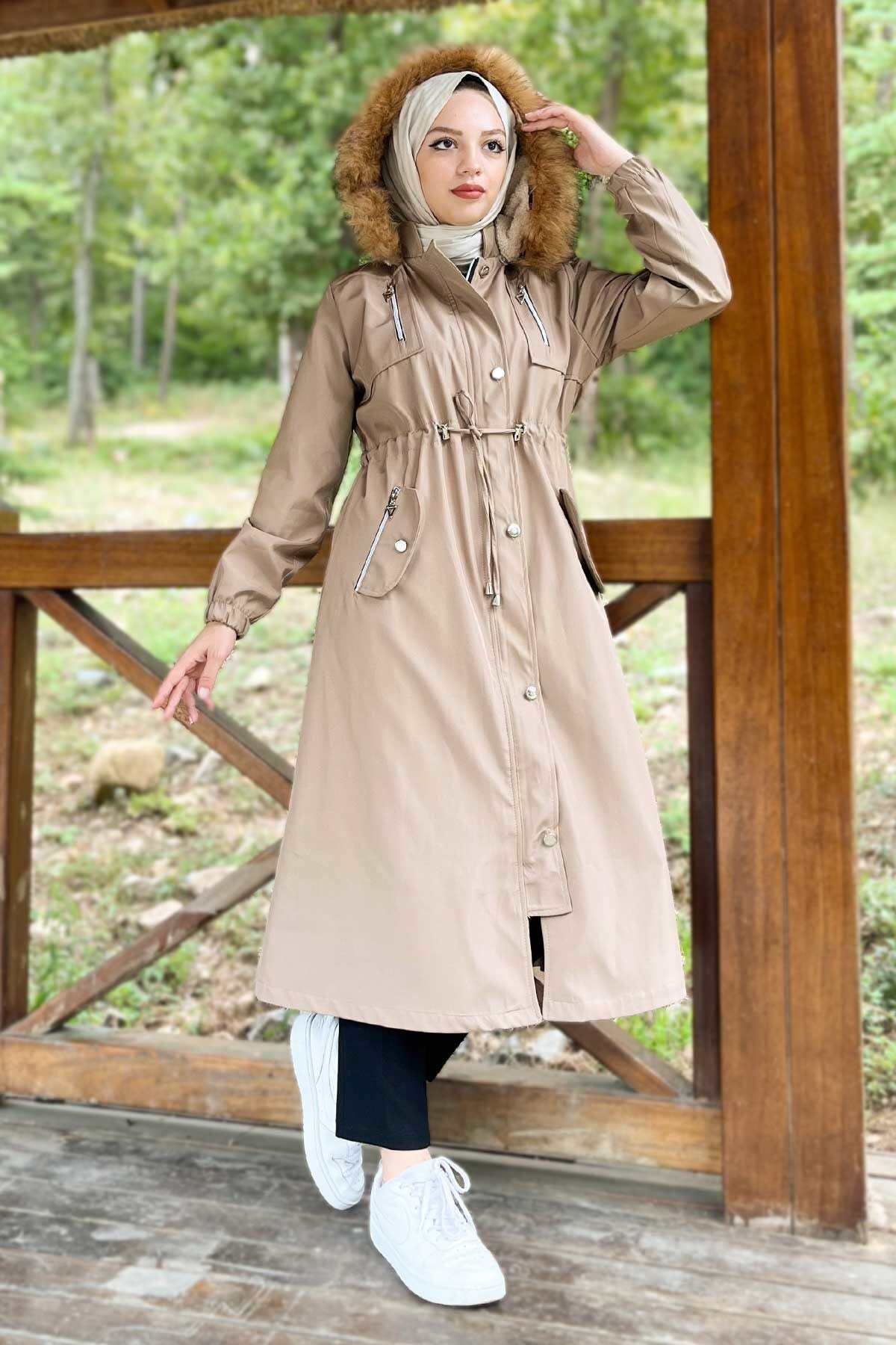 Hooded Zip-Up Coat - Taupe - Modamihram