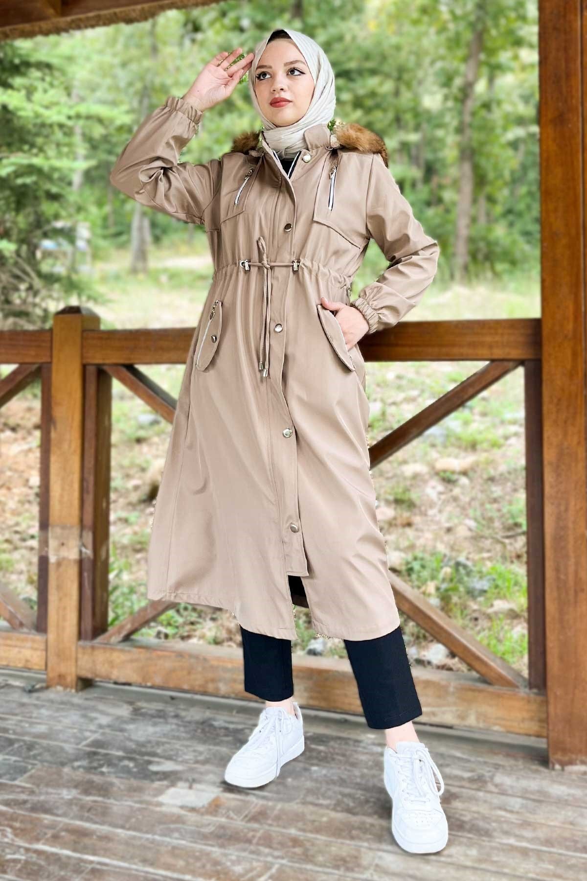 Hooded Zip-Up Coat - Taupe - Modamihram