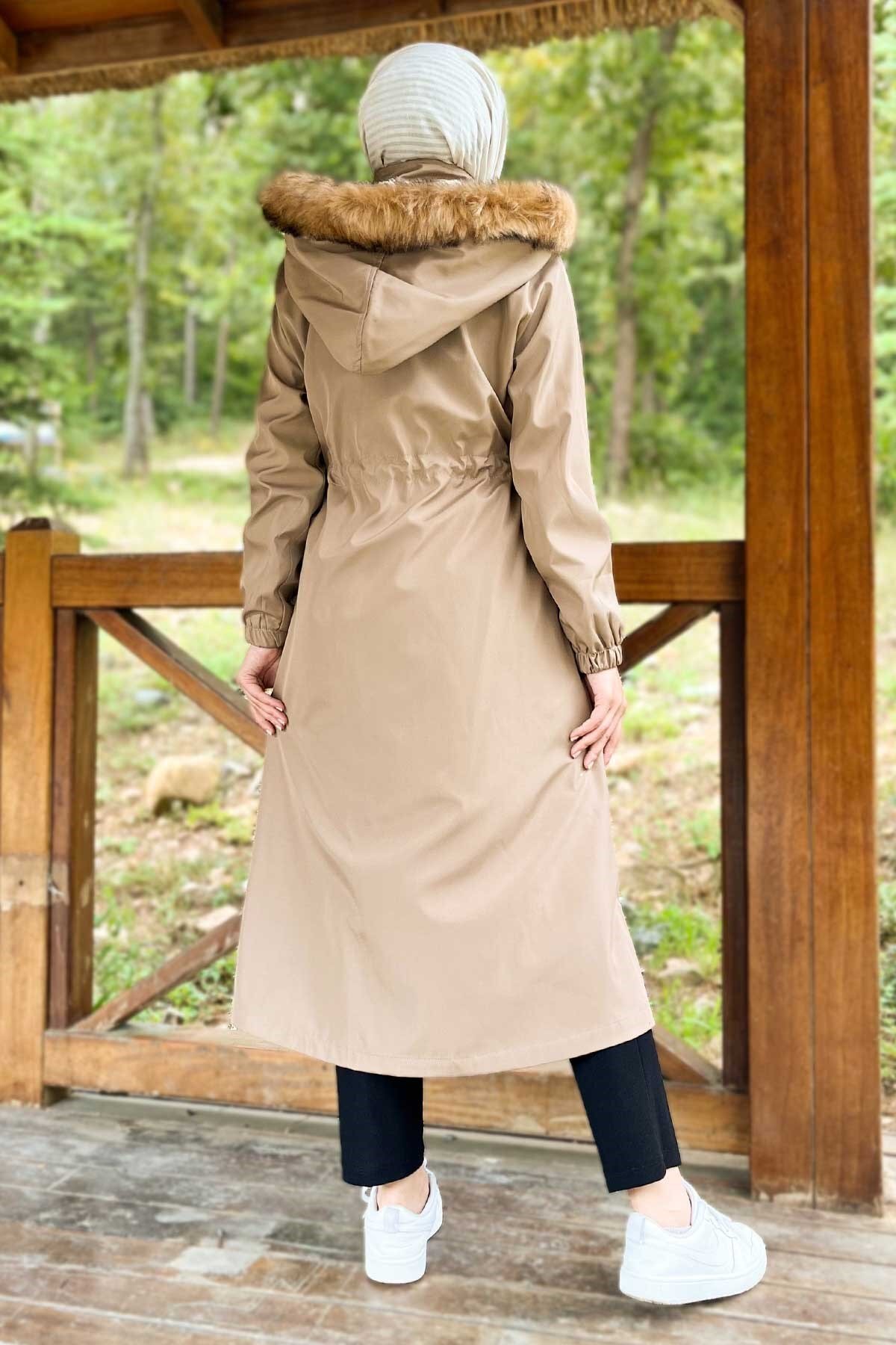 Hooded Zip-Up Coat - Taupe - Modamihram