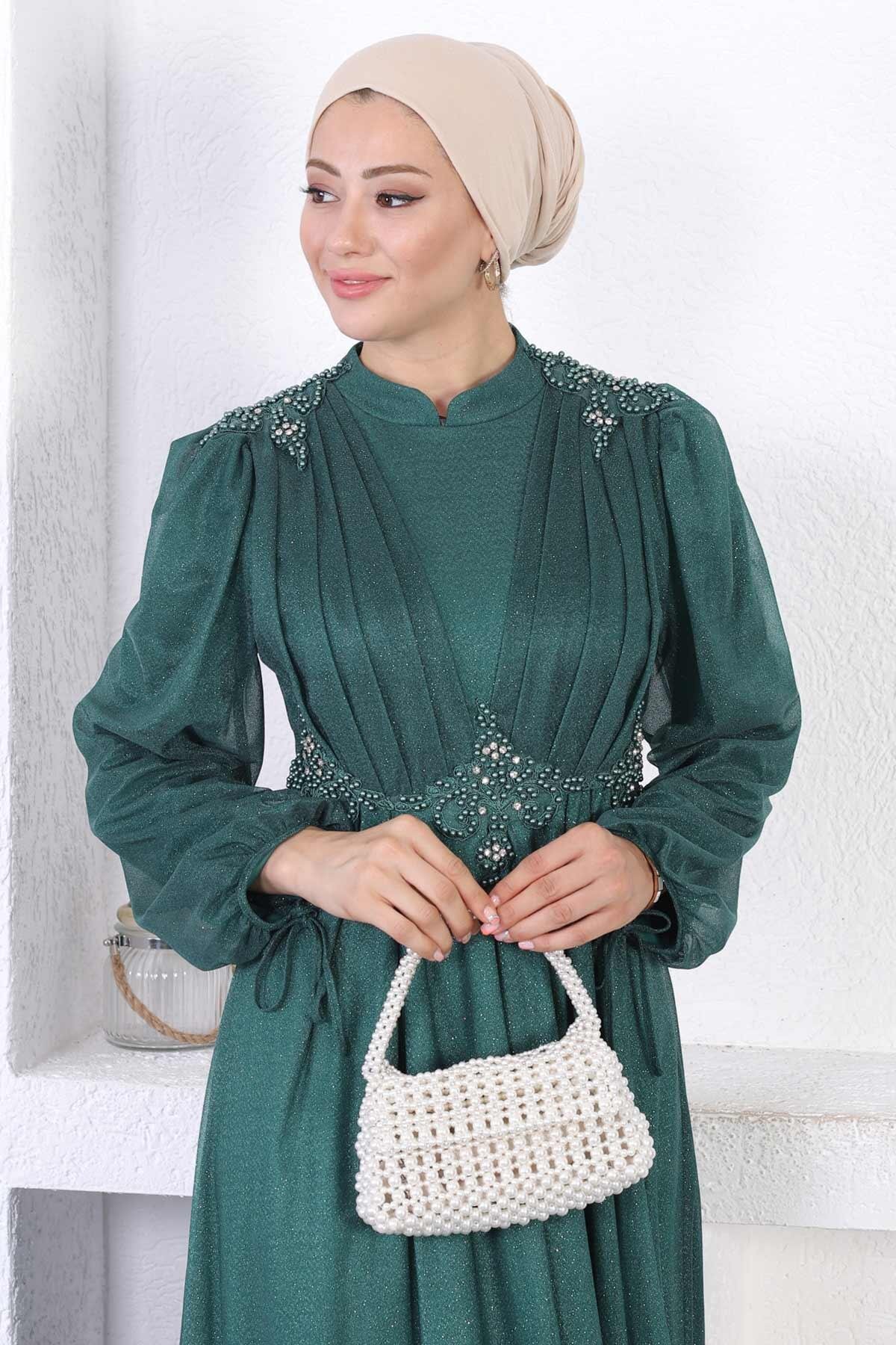 Modest Shimmer Lace and Pearl Detail Evening Dress - Emerald - Modamihram