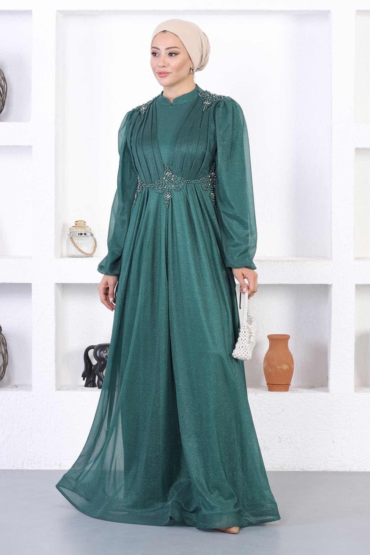 Modest Shimmer Lace and Pearl Detail Evening Dress - Emerald - Modamihram