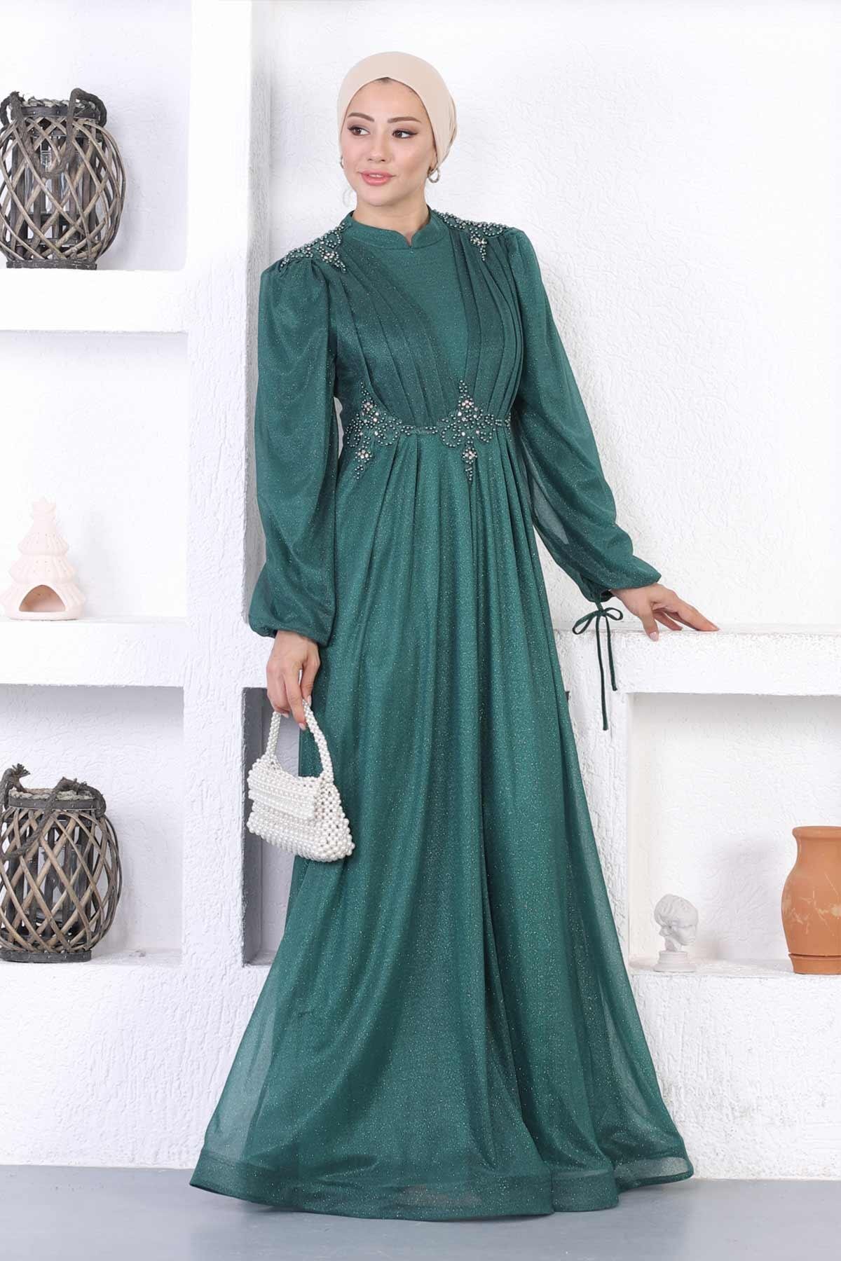 Modest Shimmer Lace and Pearl Detail Evening Dress - Emerald - Modamihram