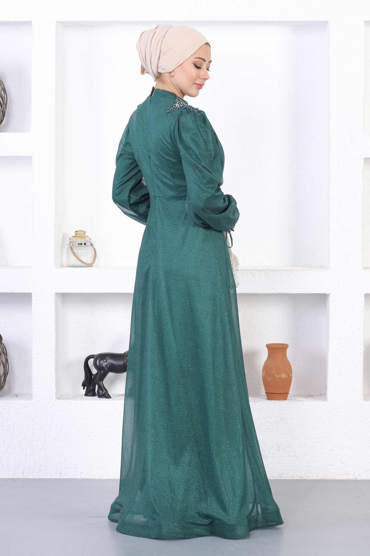 Modest Shimmer Lace and Pearl Detail Evening Dress - Emerald - Modamihram