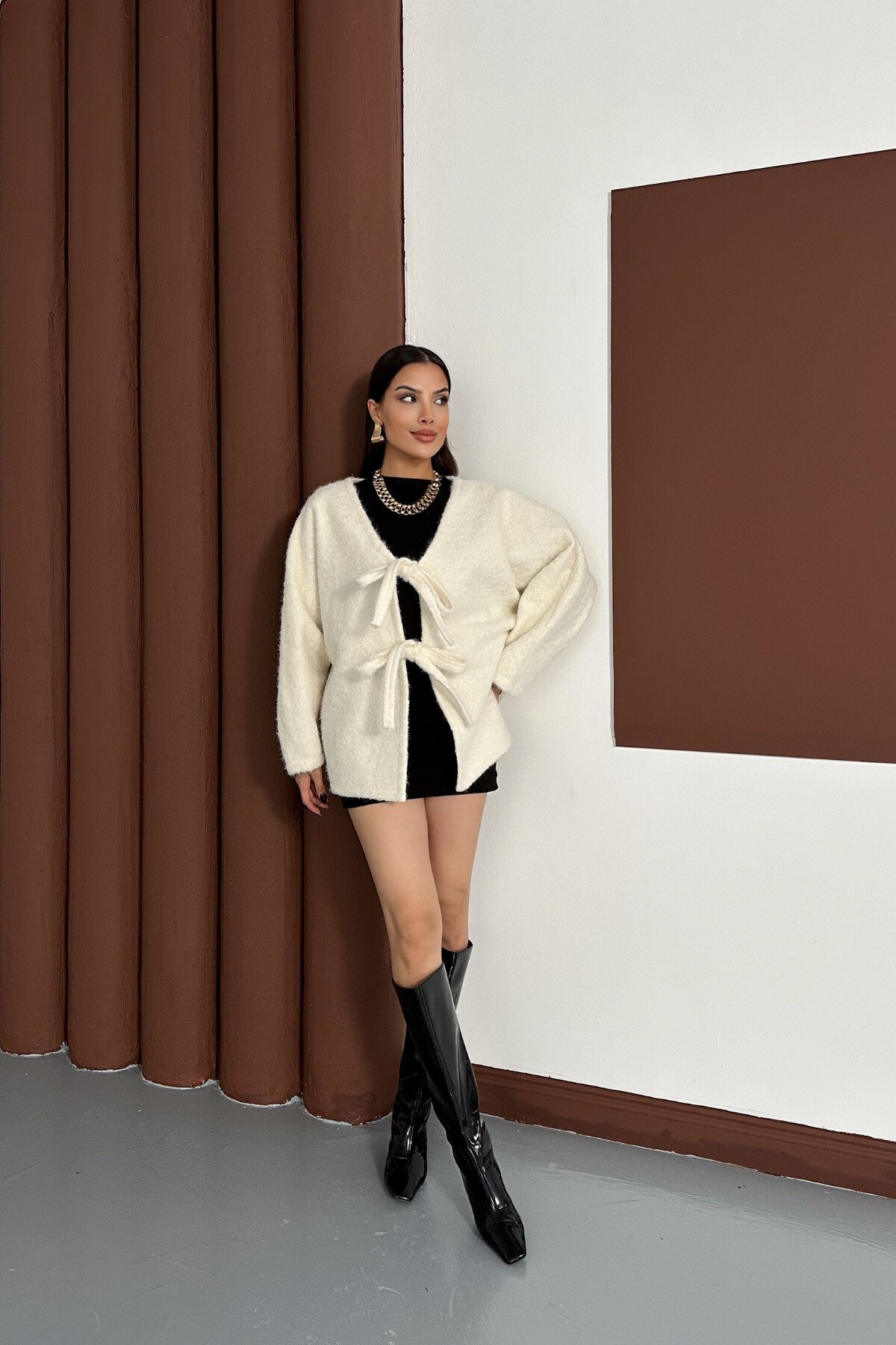 Felted Fringed Tie-Detail Lined Jacket - Beige - MOZENA