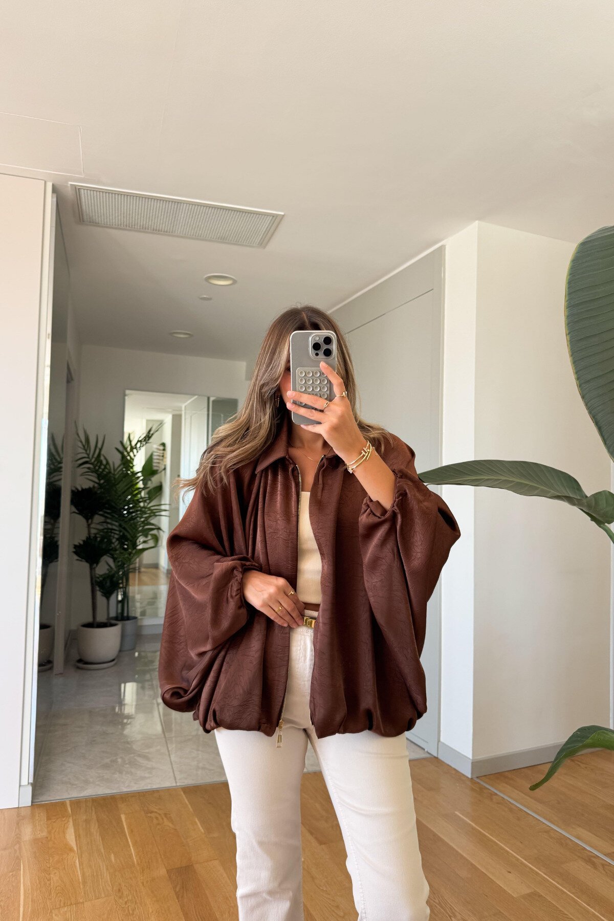 Kahverengi Bomber Saten Yarasa Kol Fermuarlı Ceket - MOZENA