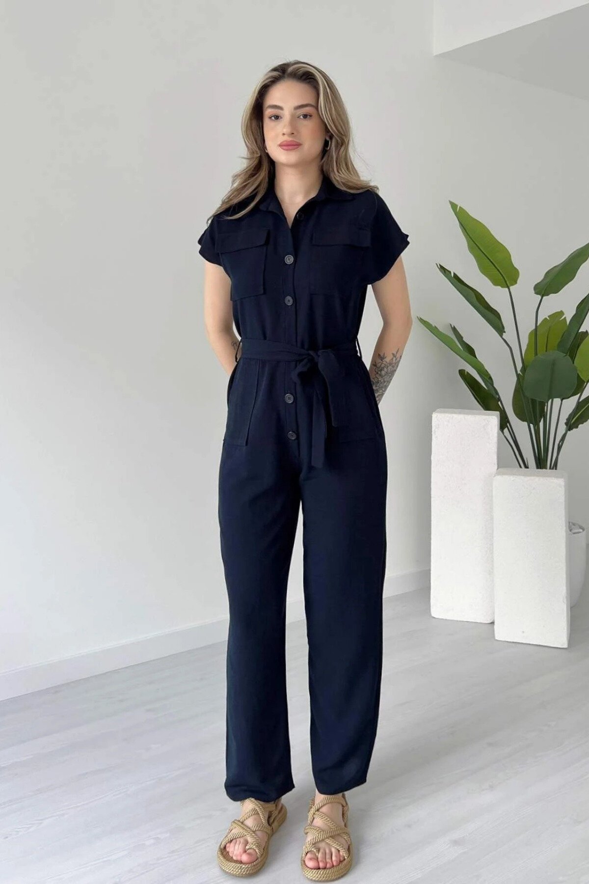 Linen Buttoned Belted Two-Pocket Jumpsuit - Navy Blue - MOZENA