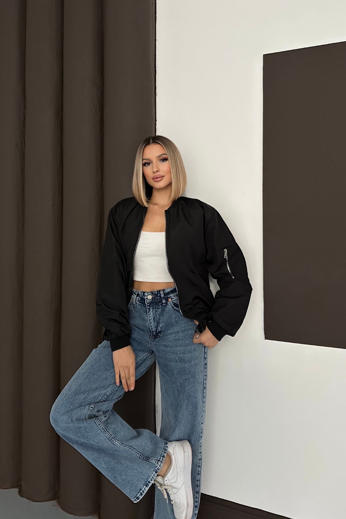 Bomber Zippered Jacket - Black - MOZENA