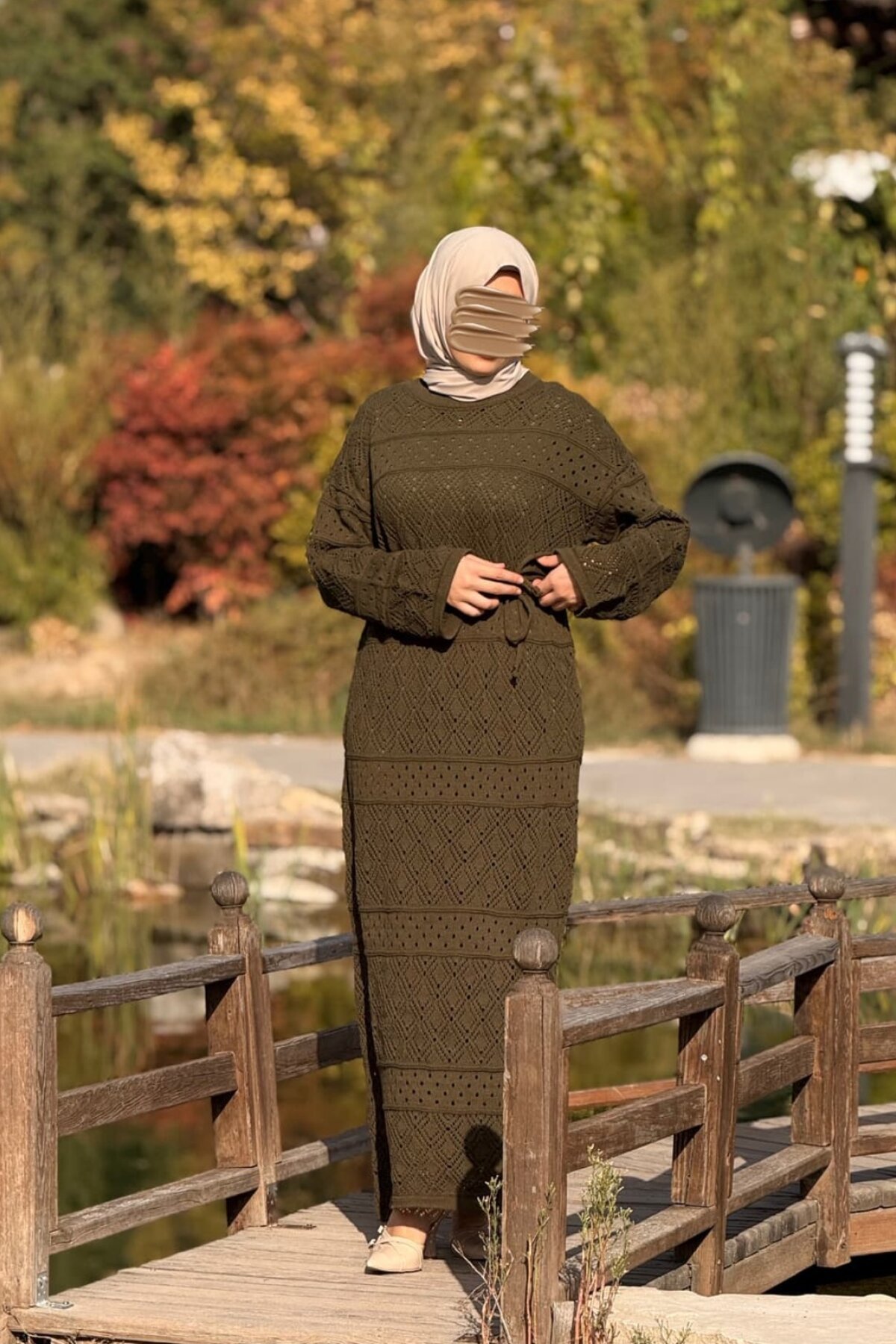 فستان محتشم تريكو كاكي بأكمام طويلة وبطانة - Nissra