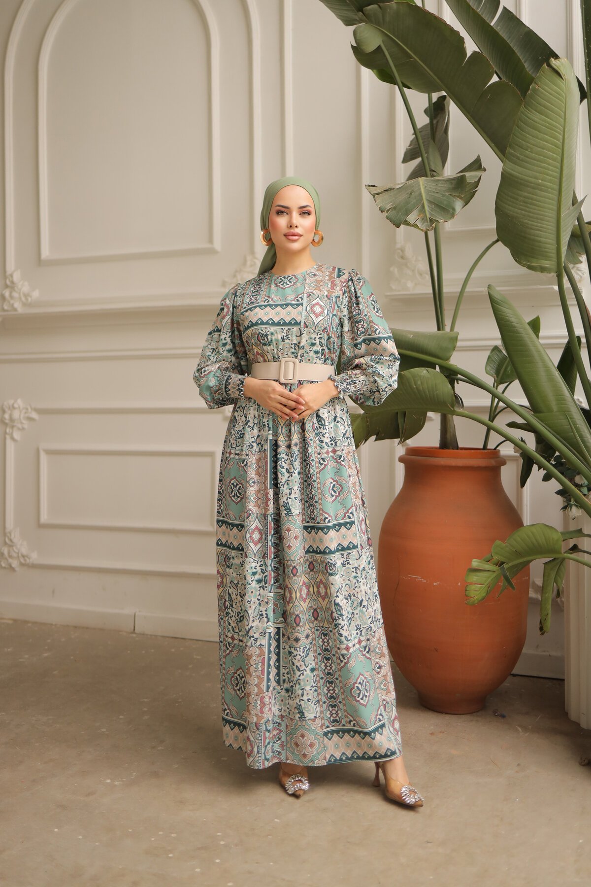 Yeşil Baklava Desen Saten Balon Kol Tesettür Elbise - Nissra