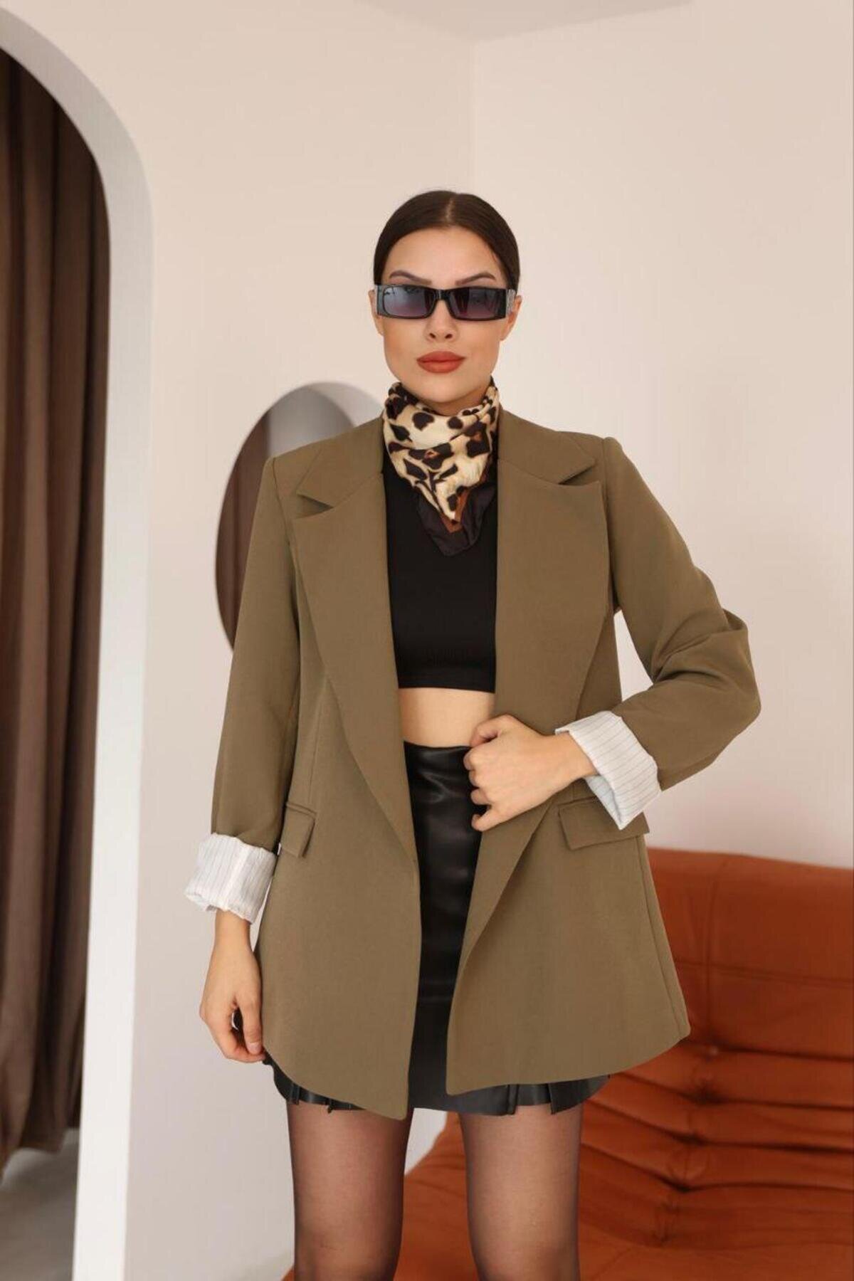 Oversize Striped Lined Detail Blazer Jacket - Khaki - RAWEA FASHİON