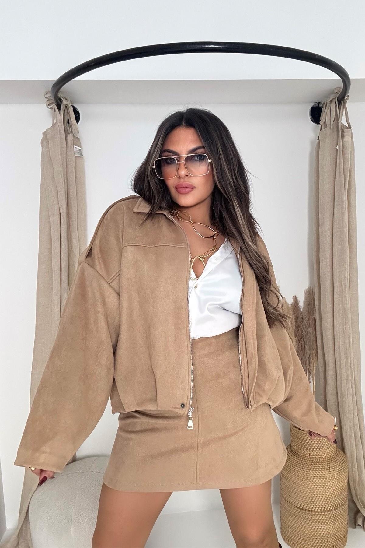 Bej Süet Görünümlü Bomber Zr Model Ceket - Sohotique By P