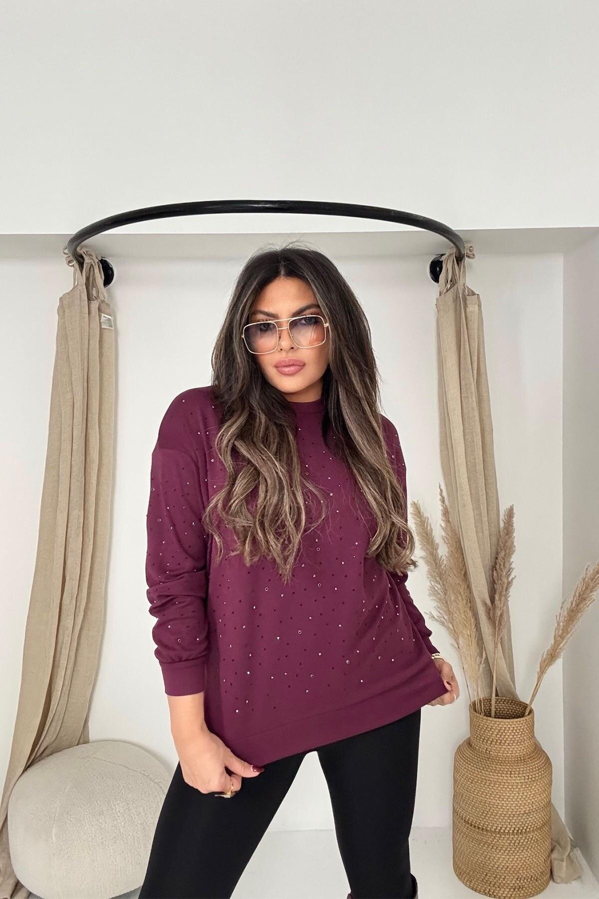 Bordo Modal Taşlı Sweatshirt - Sohotique By P