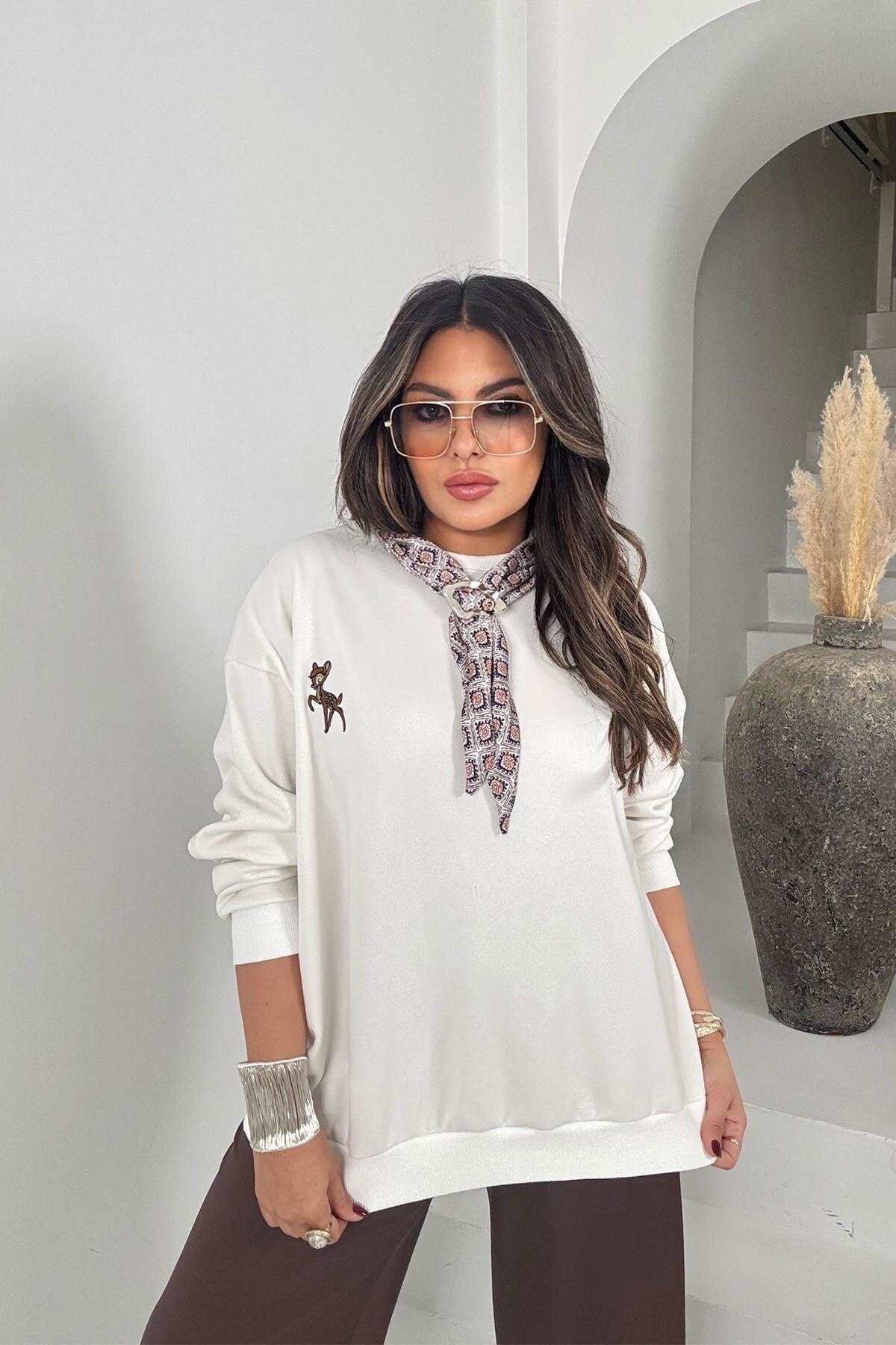 Ekru Twst Model Yakası Şal Detaylı Sweatshirt - Sohotique By P