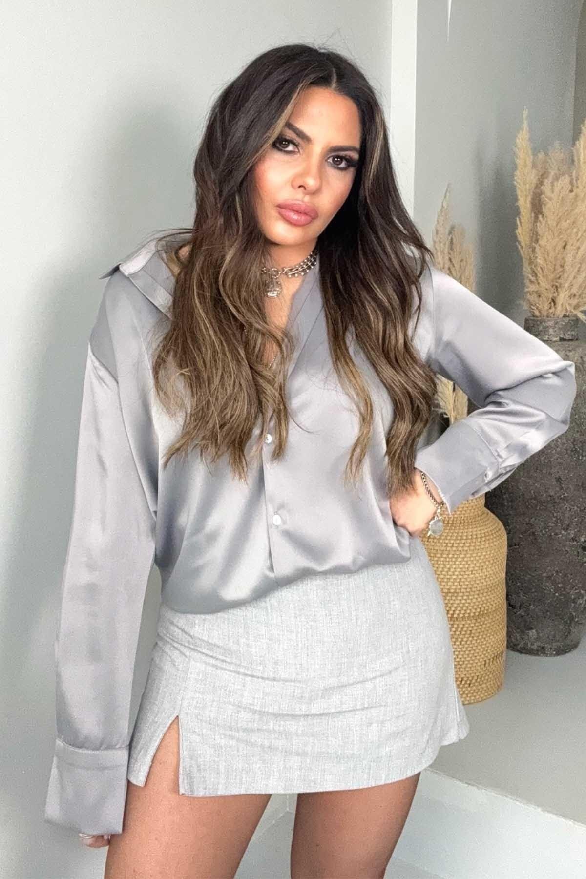 Gri Mini Yırtmaçlı Şort Etek - Sohotique By P