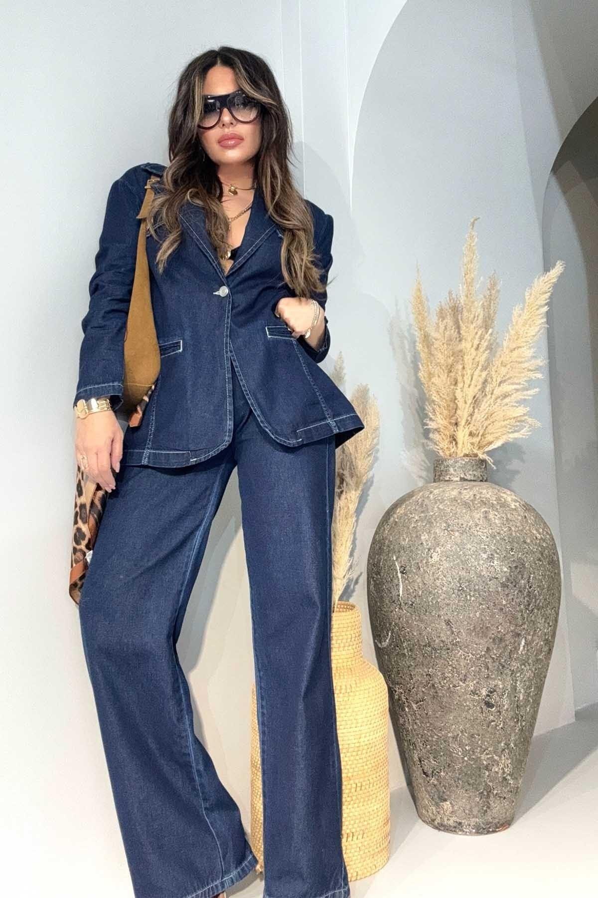 Lacivert Palazzo Dikiş Detay Jean Pantolon - Sohotique By P