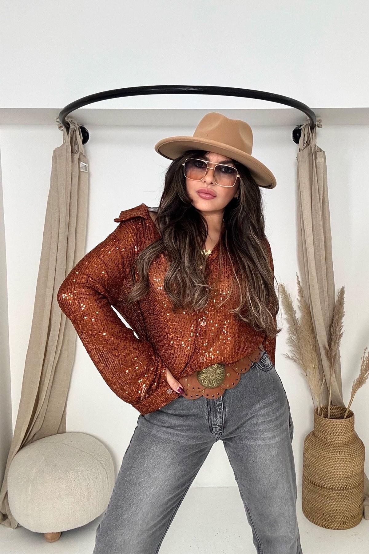 Taba Payetli Gömlek - Sohotique By P