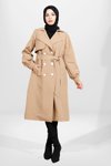 Camel Düğmeli Kuşaklı Büzgü Kol Trençkot