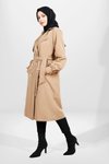 Camel Düğmeli Kuşaklı Büzgü Kol Trençkot