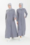 Gri Boncuk İşlemeli Nervür Detaylı Ferace