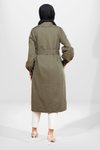 Haki Düğmeli Kuşaklı Büzgü Kol Trençkot
