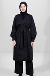 Siyah Düğmeli Kuşaklı Büzgü Kol Trençkot