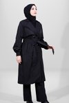Siyah Düğmeli Kuşaklı Büzgü Kol Trençkot