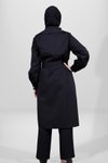 Siyah Düğmeli Kuşaklı Büzgü Kol Trençkot