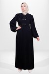 Siyah Eteği Piliseli Düğme Detaylı Tesettür Elbise